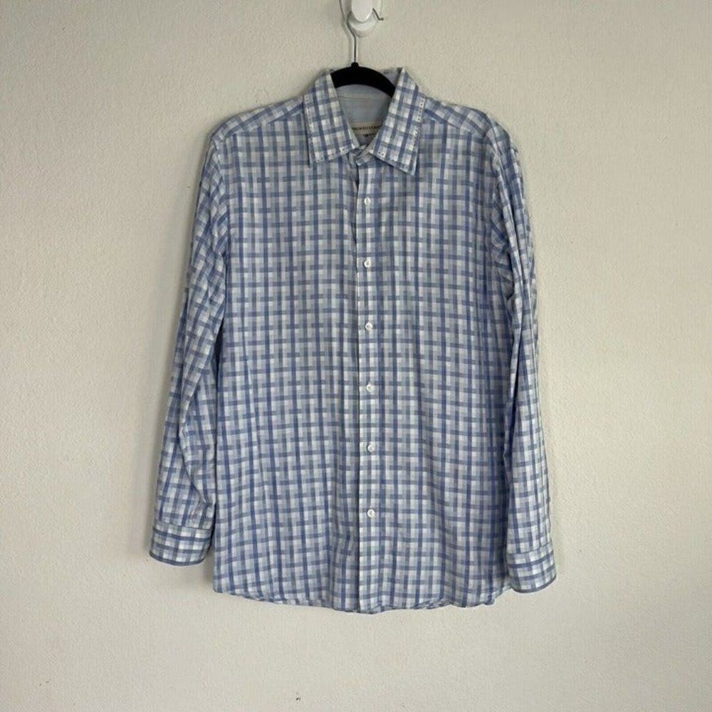 PRONTO UOMO Mens Cotton Long Sleeve Button Up Blue Plaid Abstract Shirt Large - Picture 1 of 10